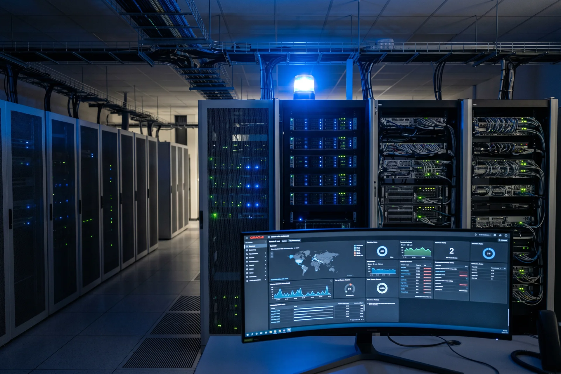Salle serveurs Oracle avec alerte cybersécurité - CVE-2026-35273 PeopleSoft