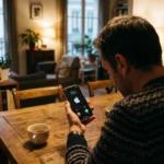 Personne recevant un appel suspect sur son smartphone à domicile en soirée