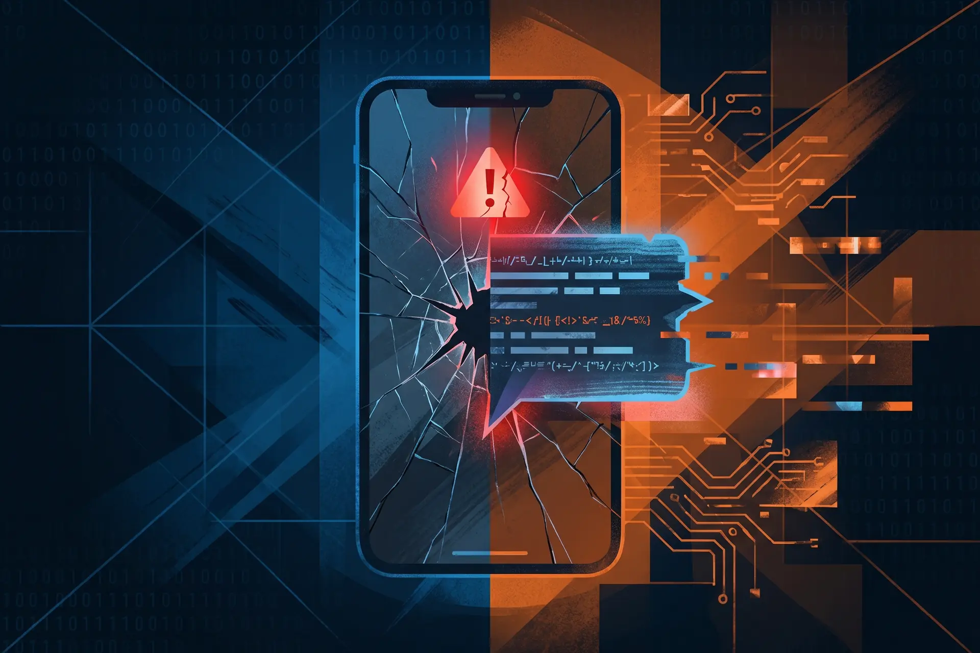 Piratage Instagram Meta AI : smartphone fissuré avec bulle de chat numérique et voyant d’alerte rouge, symbolisant la manipulation d’un chatbot IA