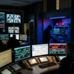 Salle de contrôle RATP avec écrans de sécurité, ambiance cyberpunk
