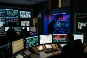 Salle de contrôle RATP avec écrans de sécurité, ambiance cyberpunk