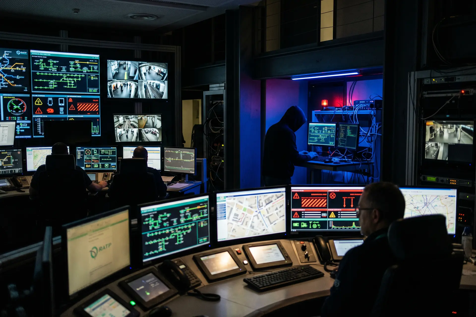 Salle de contrôle RATP avec écrans de sécurité, ambiance cyberpunk