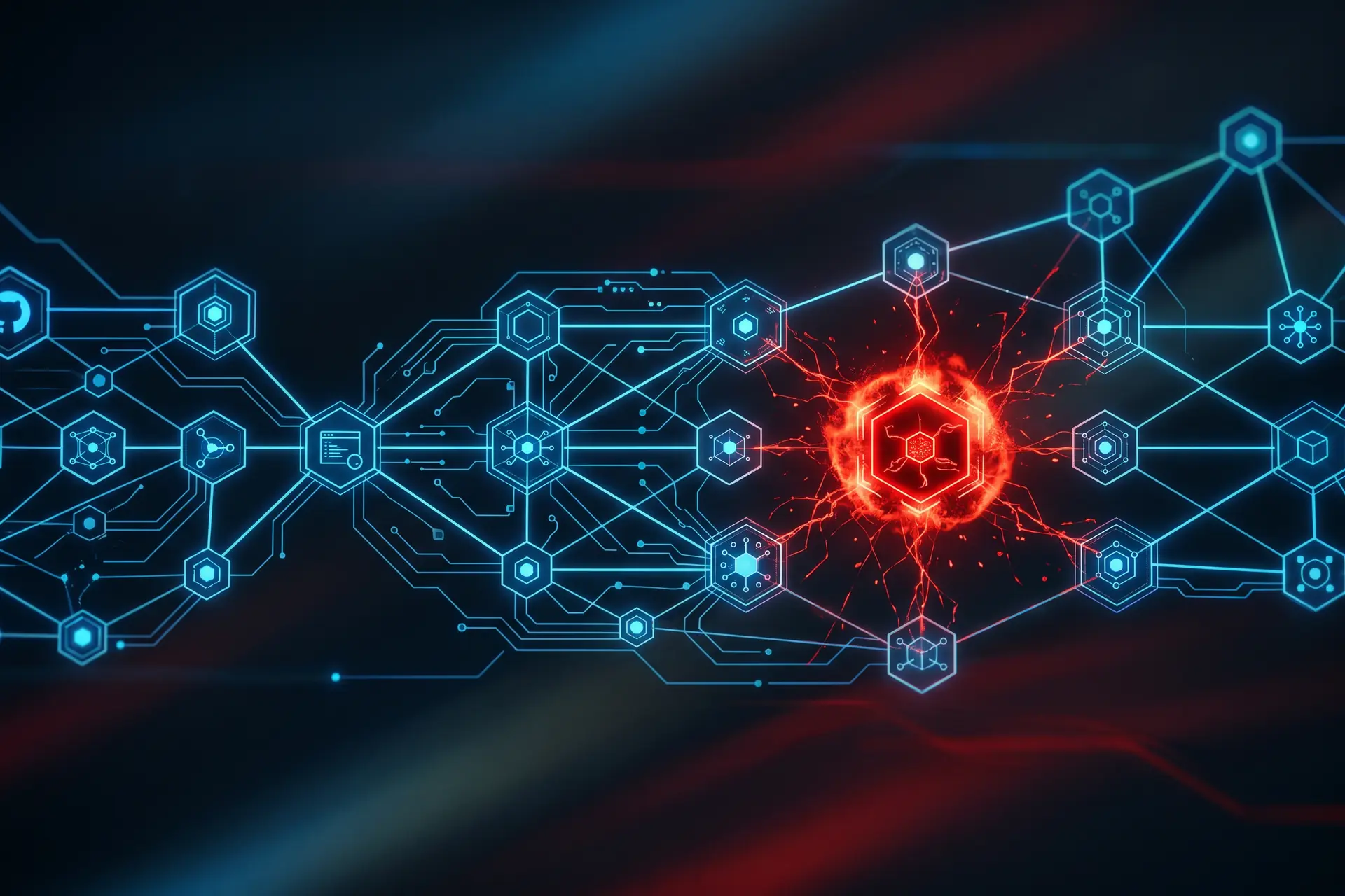 Attaque supply chain npm Miasma : réseau de nœuds compromis avec un point rouge d'alerte