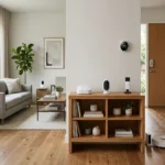 Salon moderne avec 7 objets connectés : routeur Wi-Fi mesh, caméra intérieure, babyphone, thermostat, serrure connectée, sonnette vidéo et aspirateur robot sur une console en bois - photo éditoriale réaliste sur la sécurité IoT domestique 2026.
