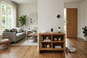 Salon moderne avec 7 objets connectés : routeur Wi-Fi mesh, caméra intérieure, babyphone, thermostat, serrure connectée, sonnette vidéo et aspirateur robot sur une console en bois - photo éditoriale réaliste sur la sécurité IoT domestique 2026.