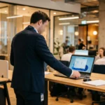 Faux technicien en costume connectant une clé USB à un ordinateur de bureau dans un environnement corporate
