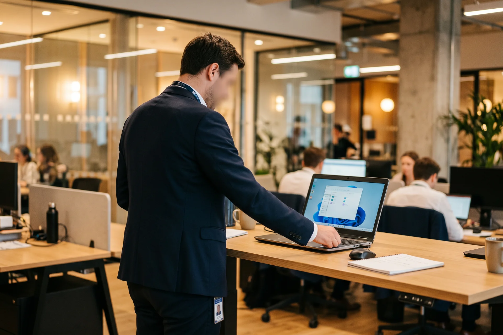 Faux technicien en costume connectant une clé USB à un ordinateur de bureau dans un environnement corporate