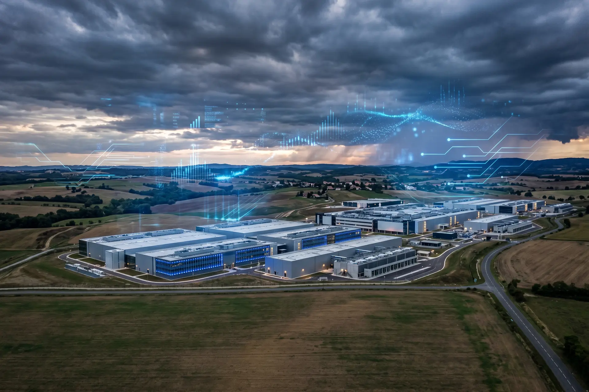 SoftBank data centers IA en France : vue aérienne de bâtiments modernes avec éclairage bleu technologique