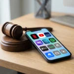 Smartphone affichant des icônes de streaming colorées avec un marteau de juge — décision de tribunal sur le partage d'abonnements Spliiit
