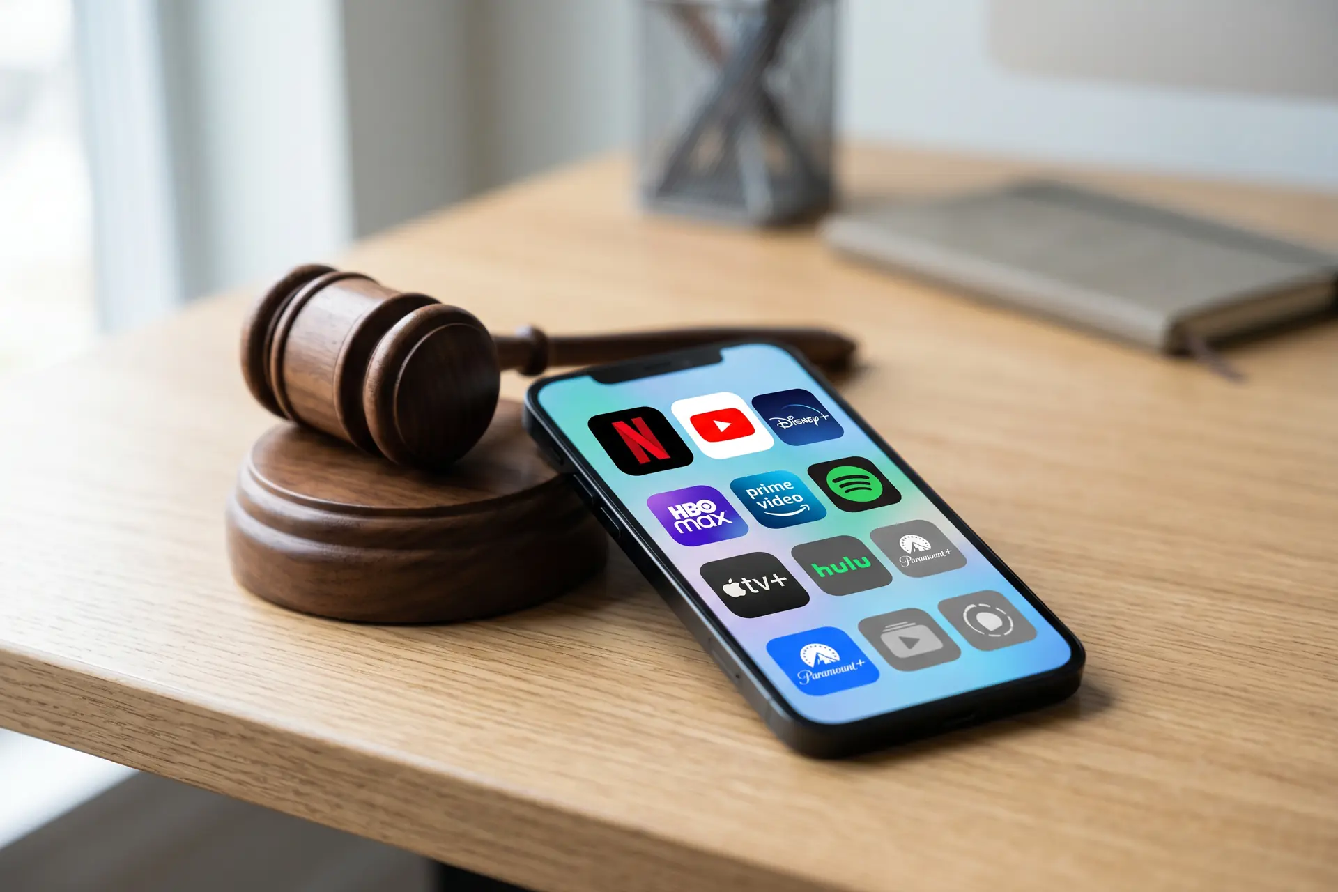 Smartphone affichant des icônes de streaming colorées avec un marteau de juge — décision de tribunal sur le partage d'abonnements Spliiit