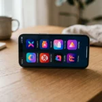 Smartphone affichant des applications de streaming légal sur un bureau en bois