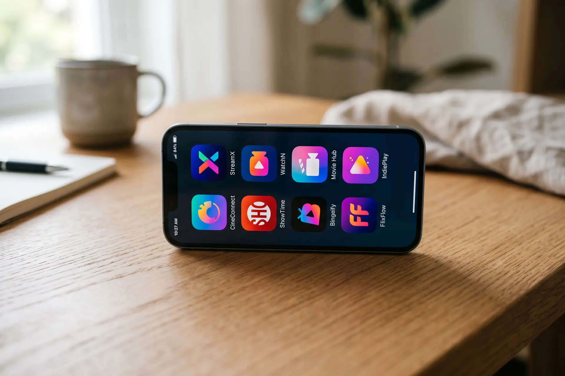 Smartphone affichant des applications de streaming légal sur un bureau en bois