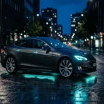 Voiture electrique connectee moderne vue 3/4 avant, garee dans une rue de ville la nuit, eclairage cyan et sous-eclairage bleu pale, ambiance cinematographique blue hour, reflets sur le bitume humide, sans texte, sans logo, sans visage humain identifiable