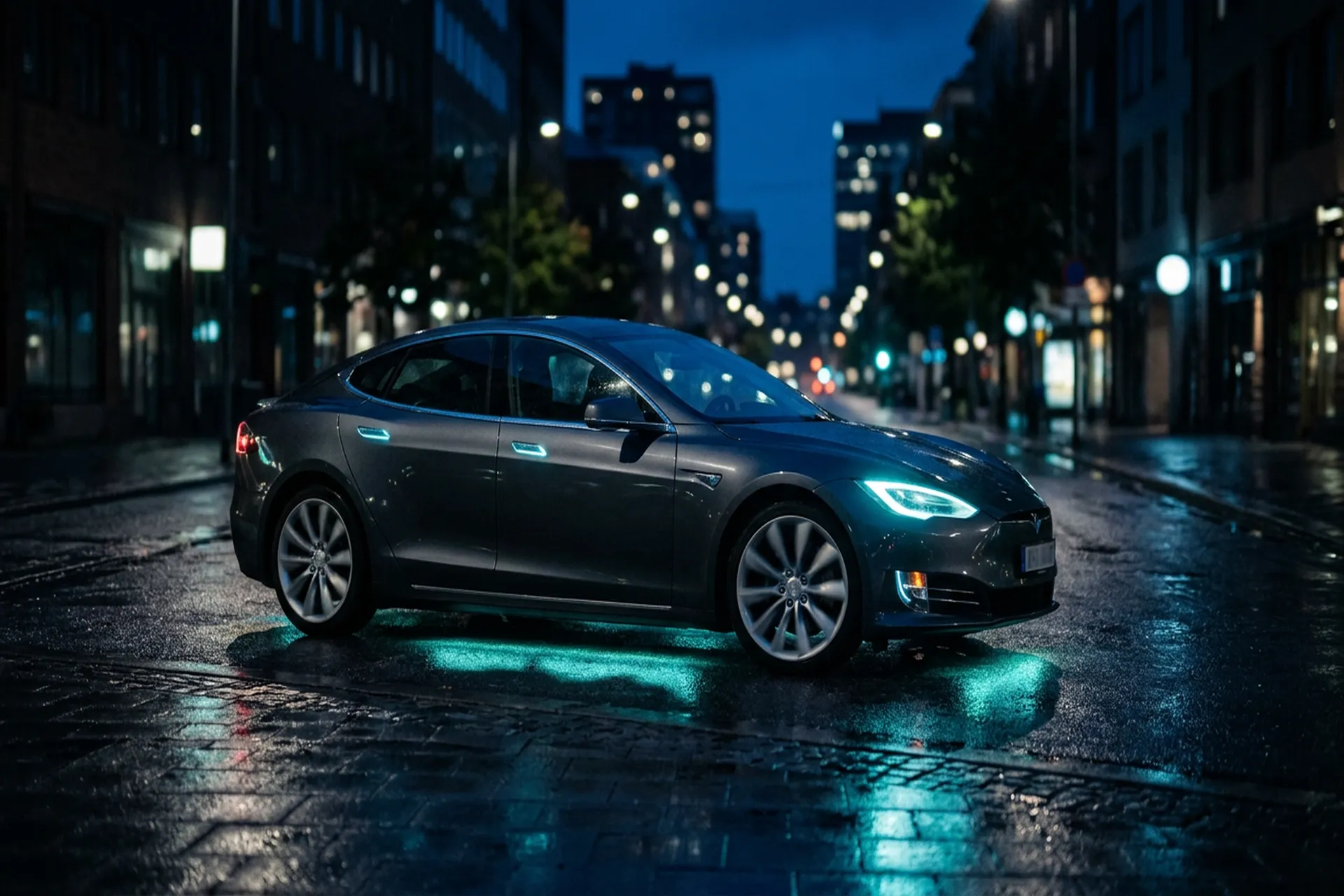 Voiture electrique connectee moderne vue 3/4 avant, garee dans une rue de ville la nuit, eclairage cyan et sous-eclairage bleu pale, ambiance cinematographique blue hour, reflets sur le bitume humide, sans texte, sans logo, sans visage humain identifiable