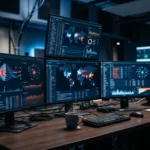 Wavestone Cyber Benchmark 2026 : tableau de bord cybersécurité avec visualisation de données réseau et protections
