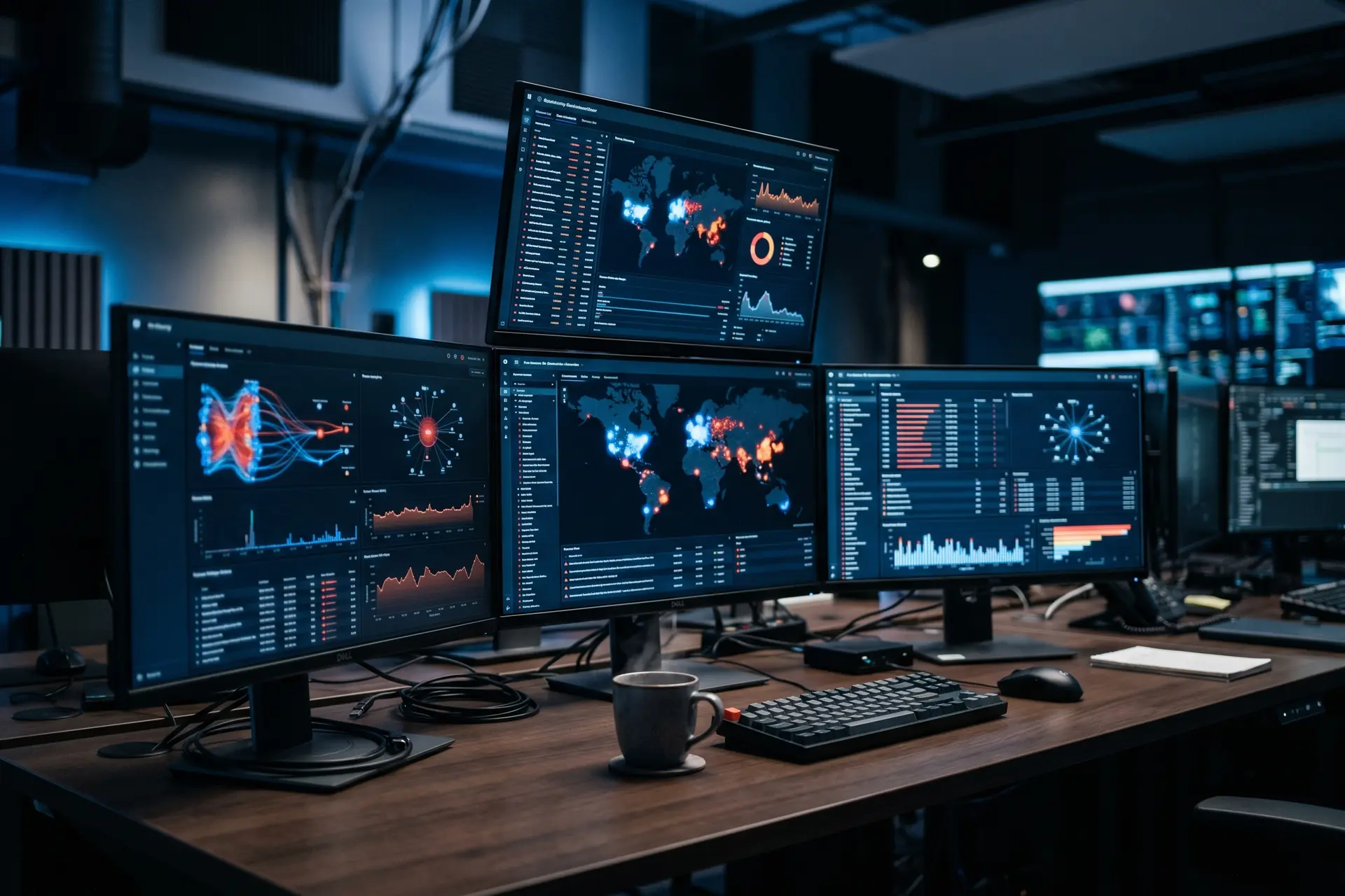 Wavestone Cyber Benchmark 2026 : tableau de bord cybersécurité avec visualisation de données réseau et protections