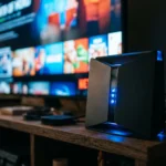 Routeur Wi-Fi moderne avec indicateurs lumineux bleus et écran de télévision 4K flou en arrière-plan
