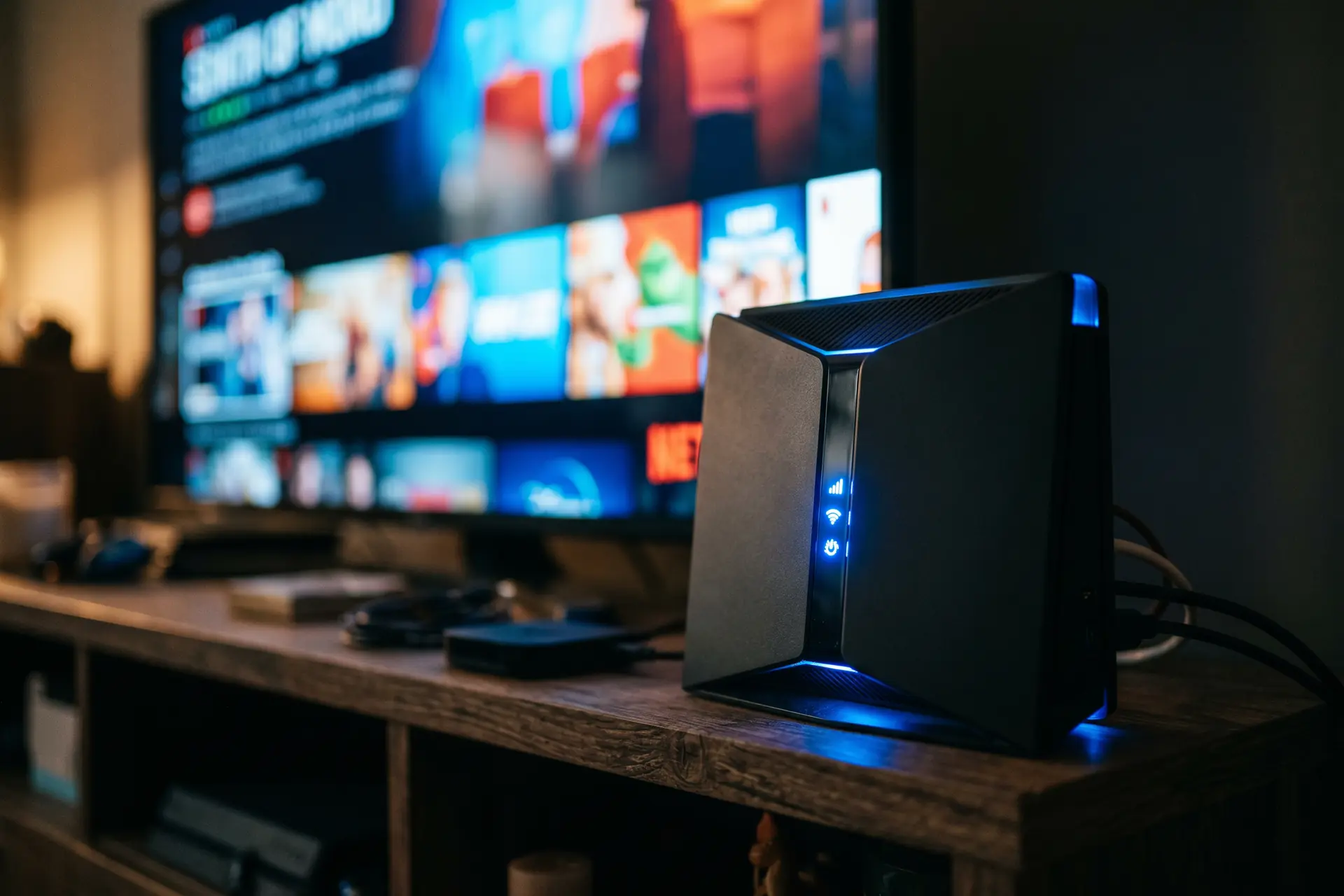 Routeur Wi-Fi moderne avec indicateurs lumineux bleus et écran de télévision 4K flou en arrière-plan