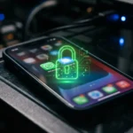 Smartphone affichant les icônes WhatsApp et Signal avec un cadenas numérique vert