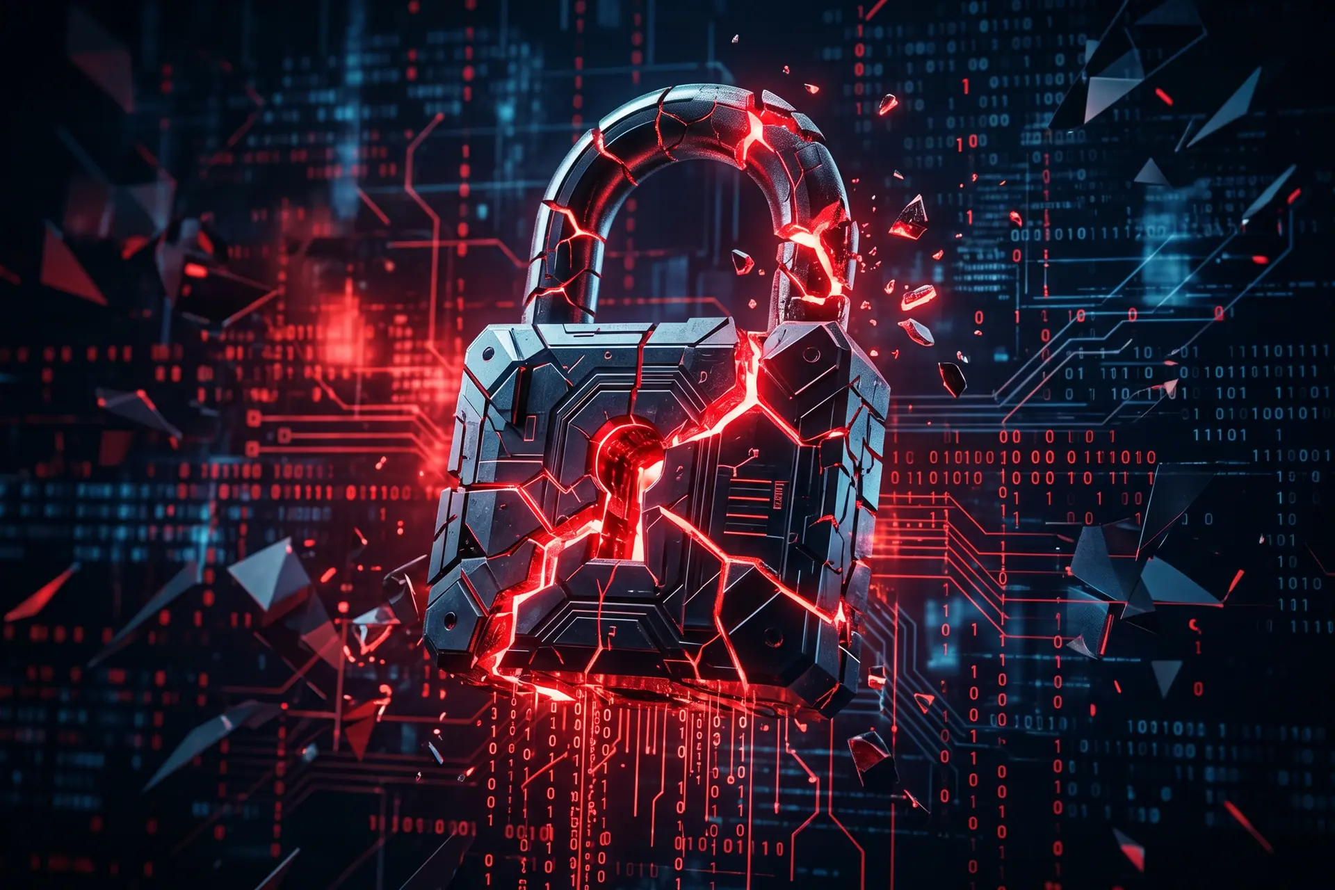 YellowKey vulnérabilité BitLocker Windows 11 : cadenas numérique fissuré avec éclairage rouge et bleu sur fond sombre