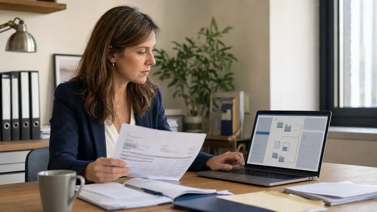 Une professionnelle vérifie une facture et son routage électronique sur un ordinateur portable