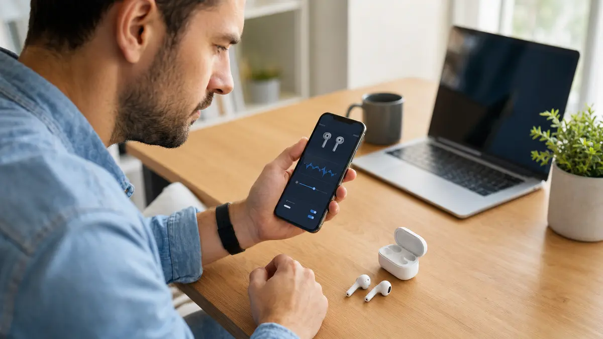 Utilisateur vérifiant les réglages audio de ses écouteurs sans fil sur un smartphone