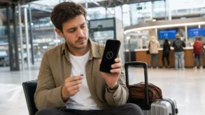 Voyageur testant un appel mobile interdit tout en contrôlant la carte SIM de son téléphone.
