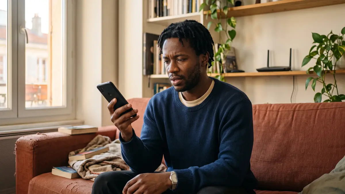 Homme constatant l’interruption d’un appel vidéo générique sur son smartphone à domicile
