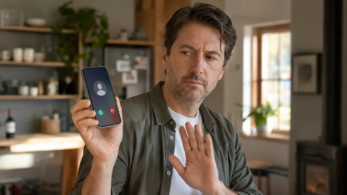 Personne regardant un appel entrant inconnu sur son smartphone sans répondre