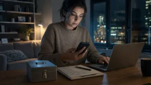 Utilisatrice contrôlant une alerte de sécurité sur son téléphone avant de modifier un accès sur ordinateur.