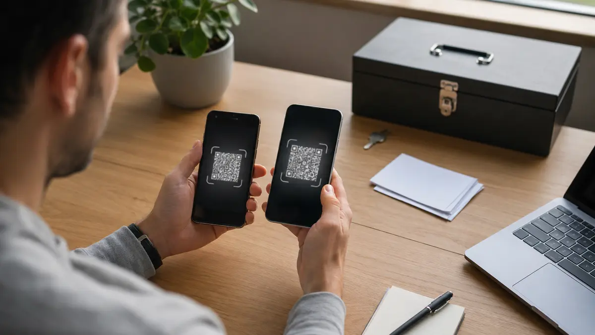 Utilisateur transférant des comptes Authenticator entre un ancien et un nouveau téléphone avant effacement.