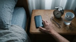 Smartphone générique posé sur une table de nuit avec une batterie faible au réveil