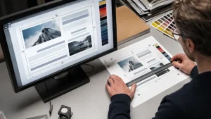 Directeur artistique comparant un design à l’écran et une épreuve imprimée dont les blocs de texte se sont déplacés.