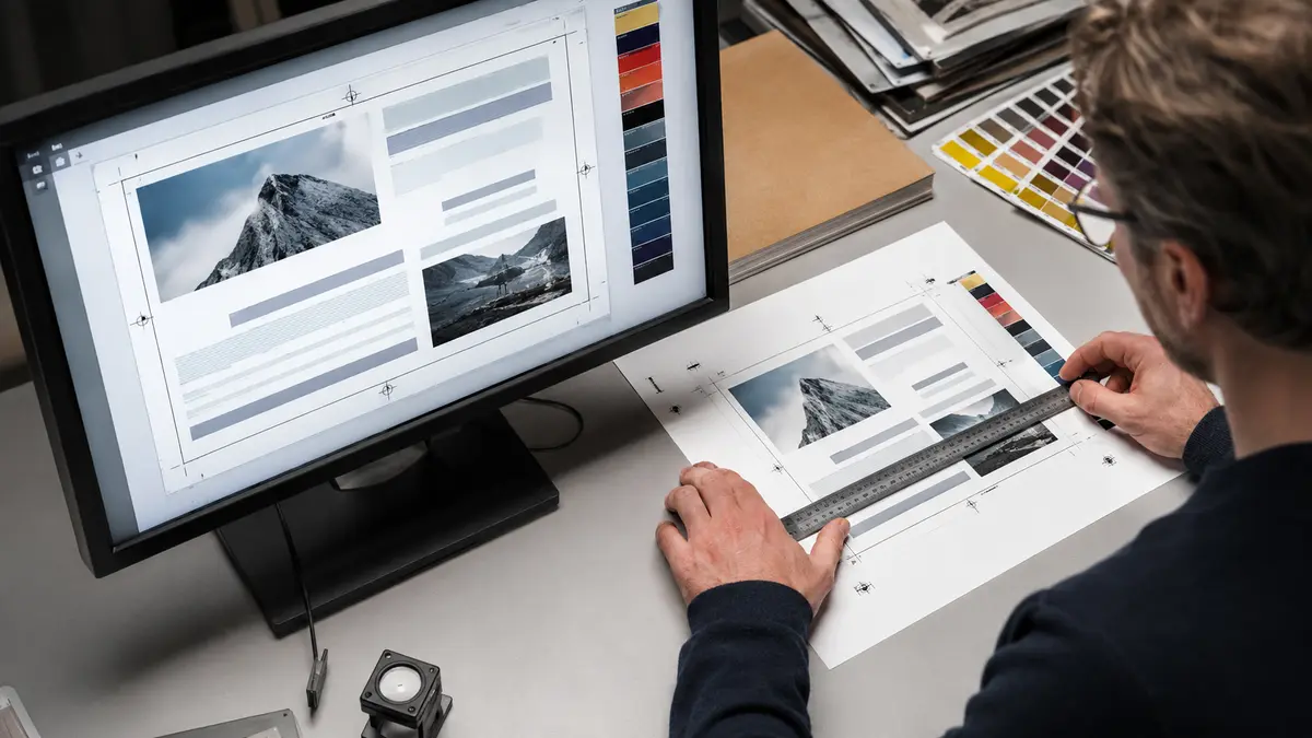 Directeur artistique comparant un design à l’écran et une épreuve imprimée dont les blocs de texte se sont déplacés.