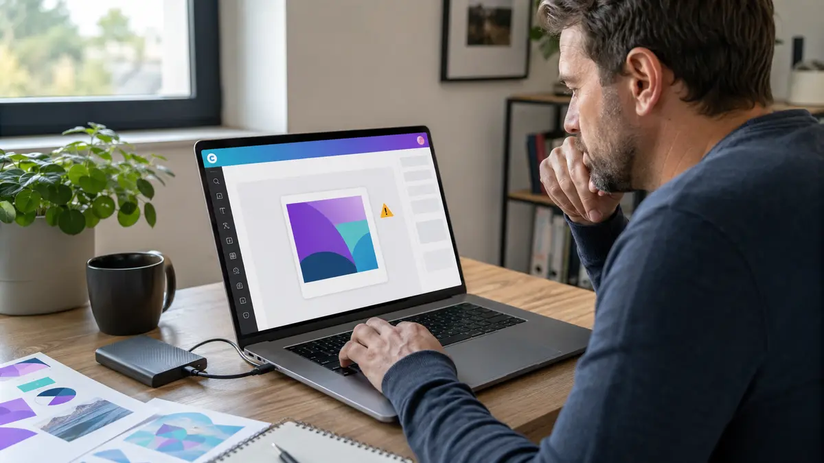Utilisateur devant un fichier Canva trop volumineux affiché sur un ordinateur portable