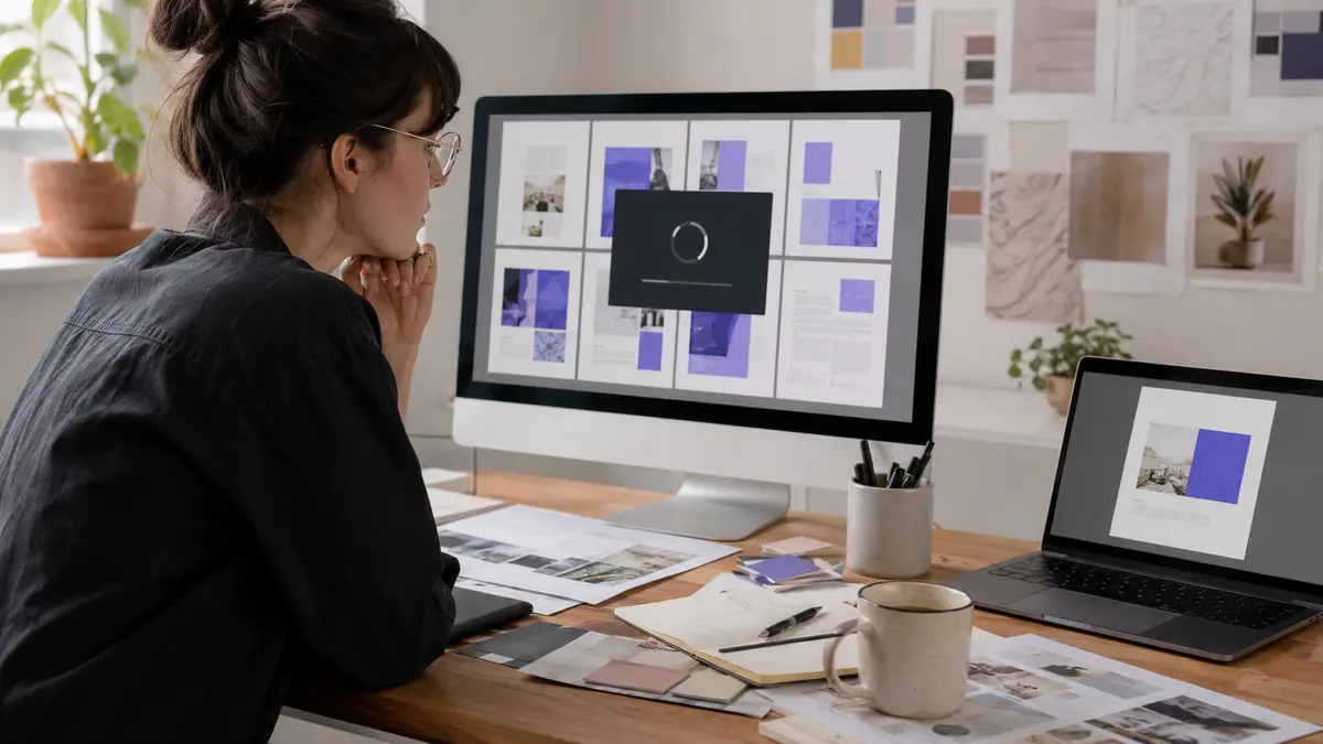 Graphiste comparant un design complexe bloqué à l’export avec une version simplifiée prête à télécharger.