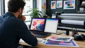 Graphiste protégeant un design non enregistré dans un atelier d’impression.