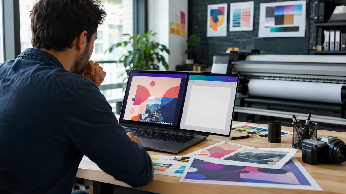 Graphiste protégeant un design non enregistré dans un atelier d’impression.