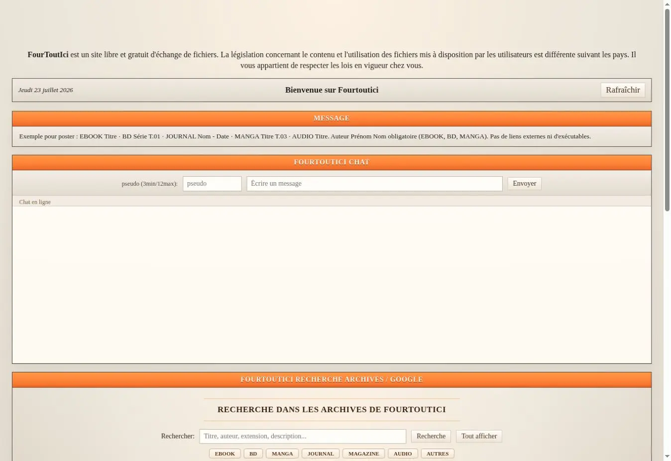 Capture de la bibliothèque Fourtoutici.cc observée le 23 juillet 2026