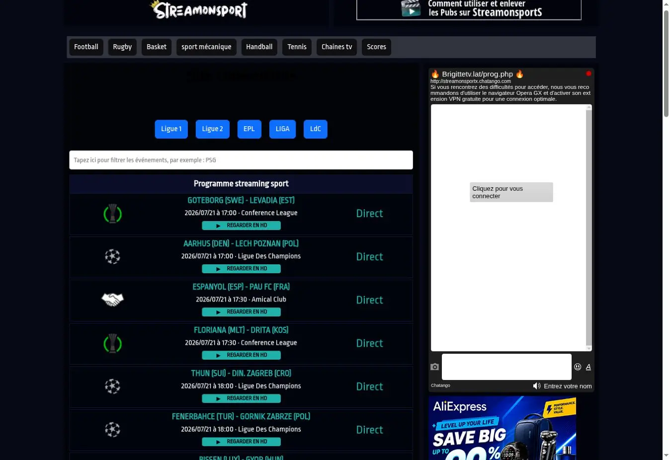Capture de l’interface Streamonsport observée le 22 juillet 2026 — statut recontrôlé le 1er août 2026