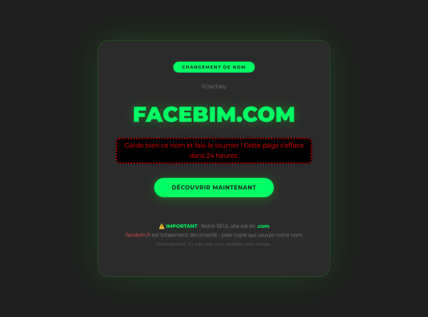 Page Toktav annonçant son changement de nom vers Facebim le 26 juillet 2026