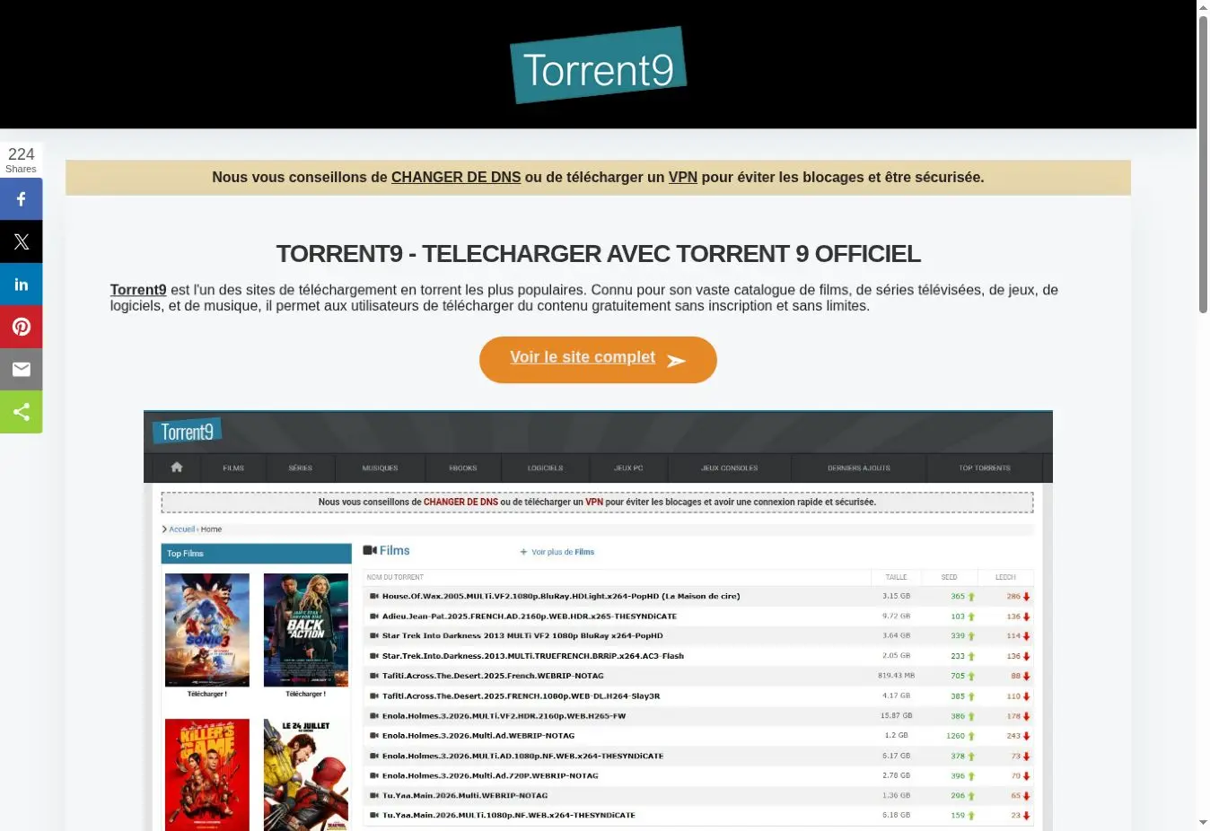 Capture de la page intermédiaire Torrent9 observée le 22 juillet 2026 — statut recontrôlé le 1er août 2026