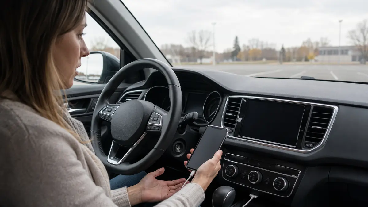 Conductrice à l’arrêt vérifiant un écran de voiture où CarPlay n’apparaît plus.