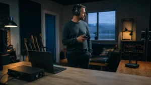 Technicien audio testant un casque Bluetooth à distance d’un ordinateur et d’un routeur.