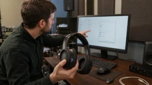 Technicien plaçant un casque sans fil en mode d’appairage devant un ordinateur Windows.