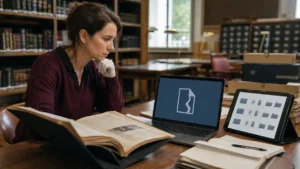 Chercheuse comparant un lien de fichier cassé avec les documents encore présents dans sa bibliothèque.