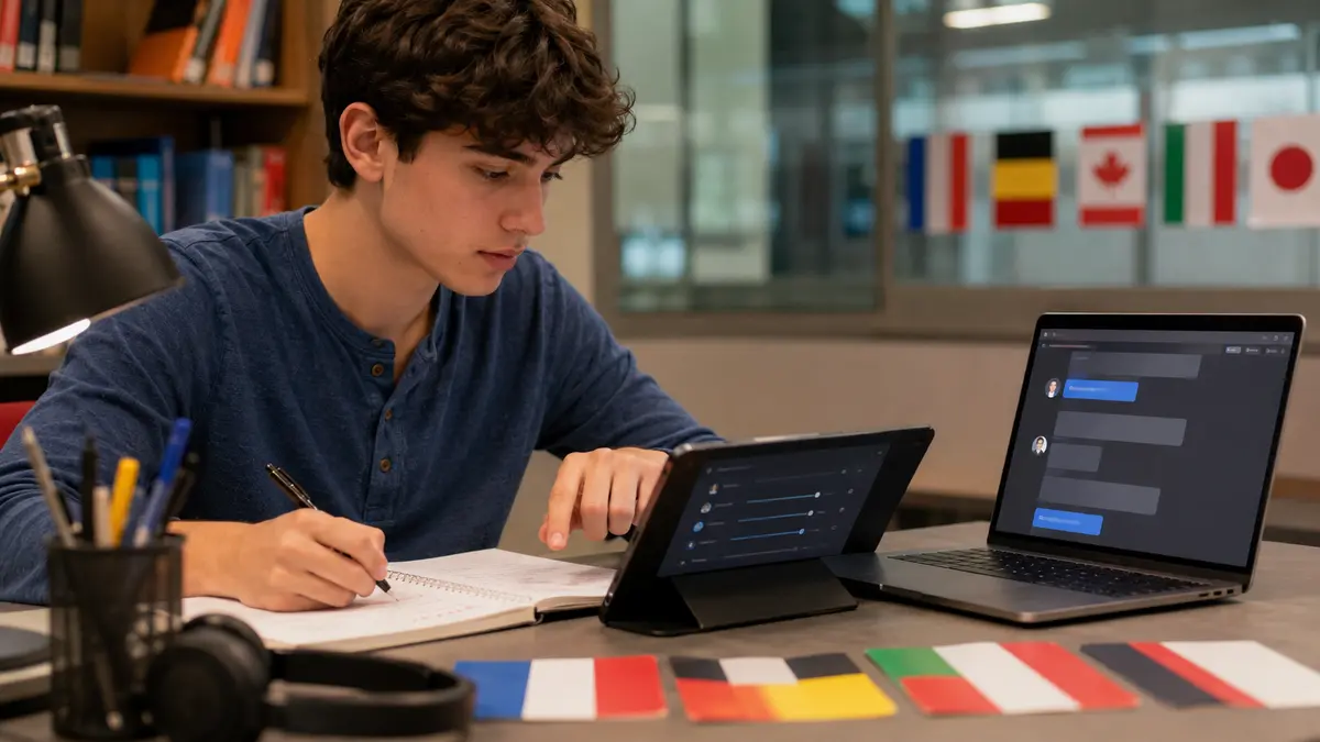 Étudiant bilingue réglant la langue d’un assistant numérique entre ordinateur, tablette et fiches de langues.