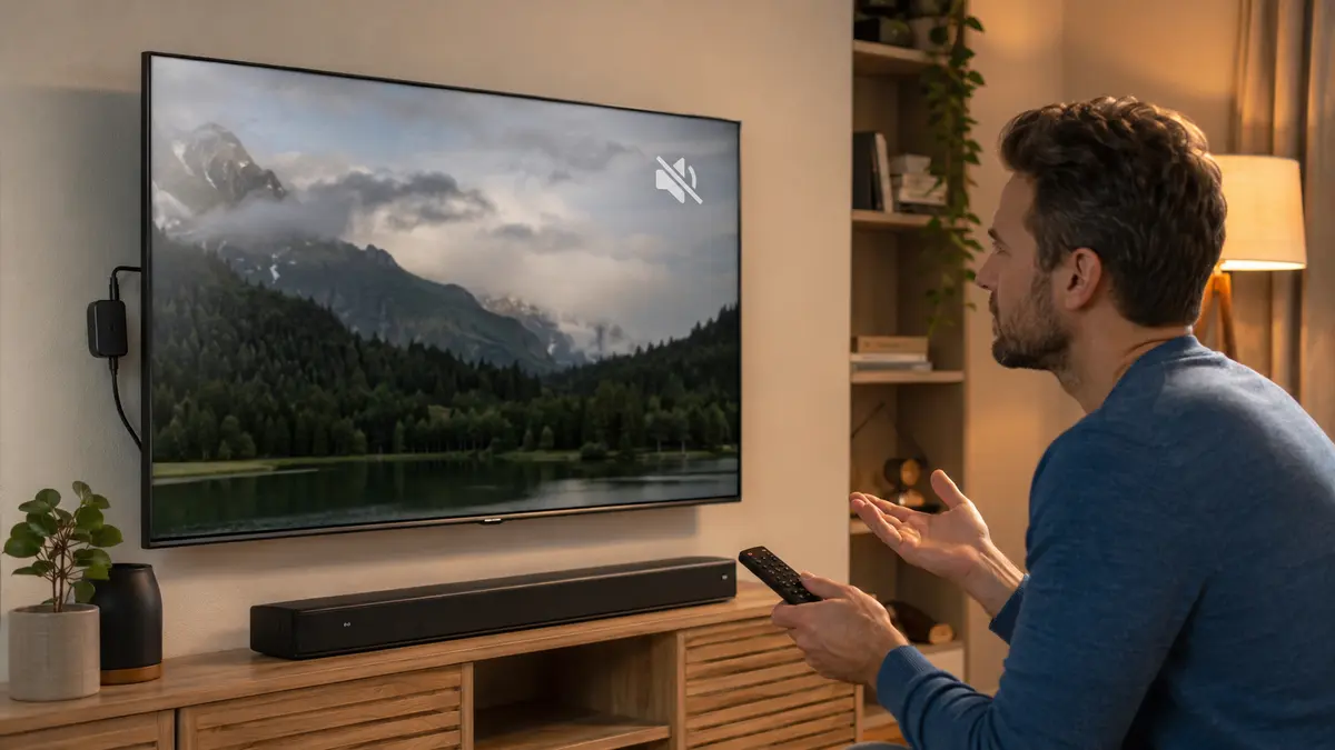 Téléviseur diffusant une vidéo sans son avec boîtier HDMI et barre de son dans un salon moderne