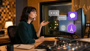 Éditrice francophone configurant la langue d’un assistant vocal et textuel dans un studio.