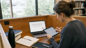 Chercheuse copiant son brouillon dans une note locale avant de renvoyer un message non transmis à un assistant IA.